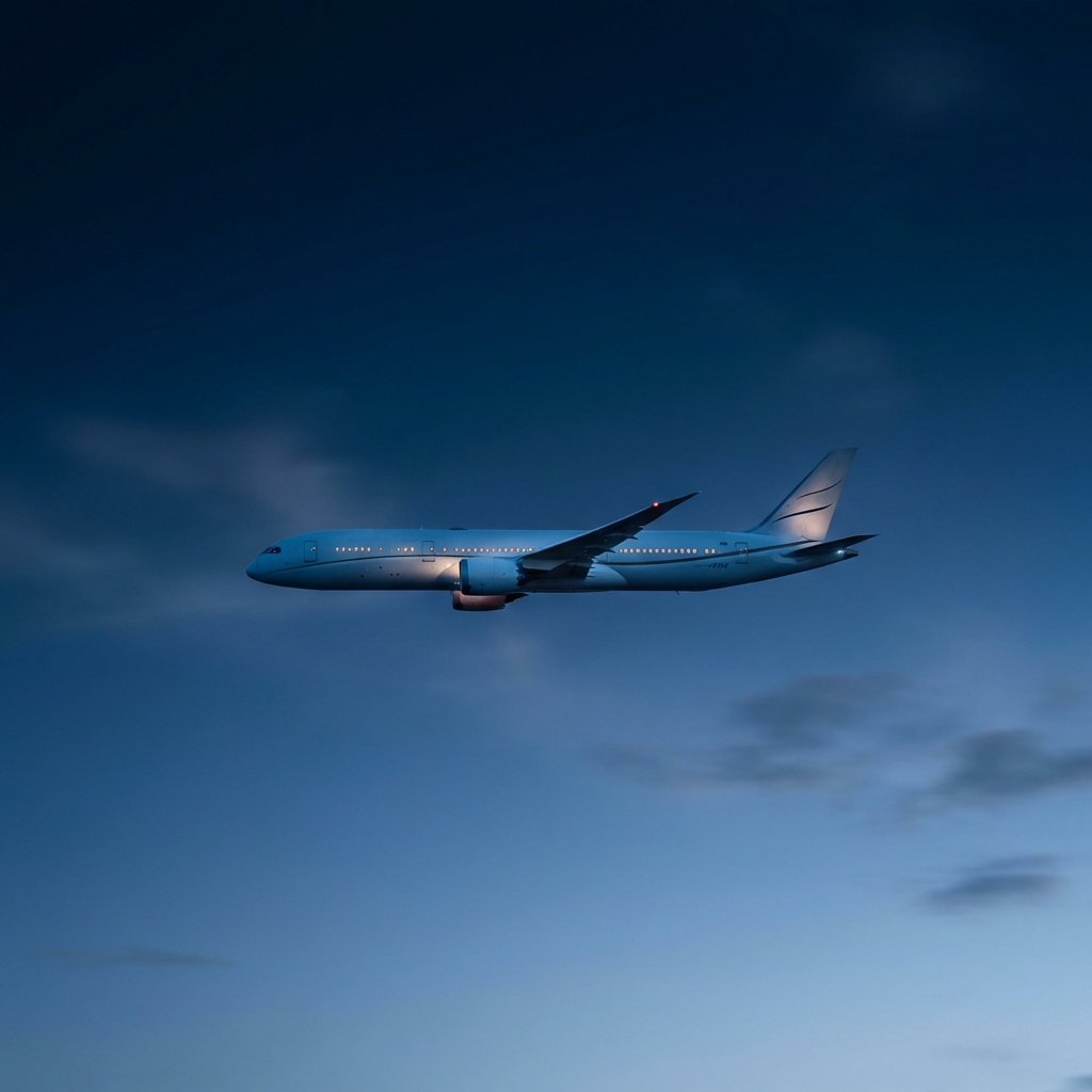 Commercial airplane centered in dark blue evening sky with soft clouds